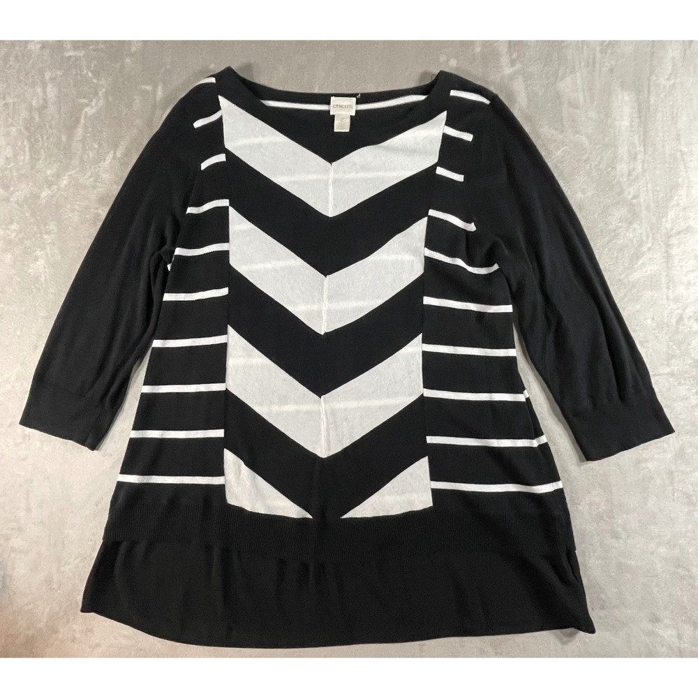 Chicos Sweater Top Womens 2 Black White Chevron Stripe Chiffon Hem 3/4 Sleeve